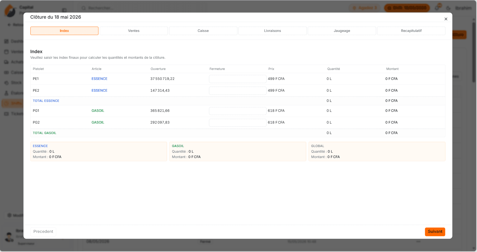 Page de clôture de shift CAPEsys